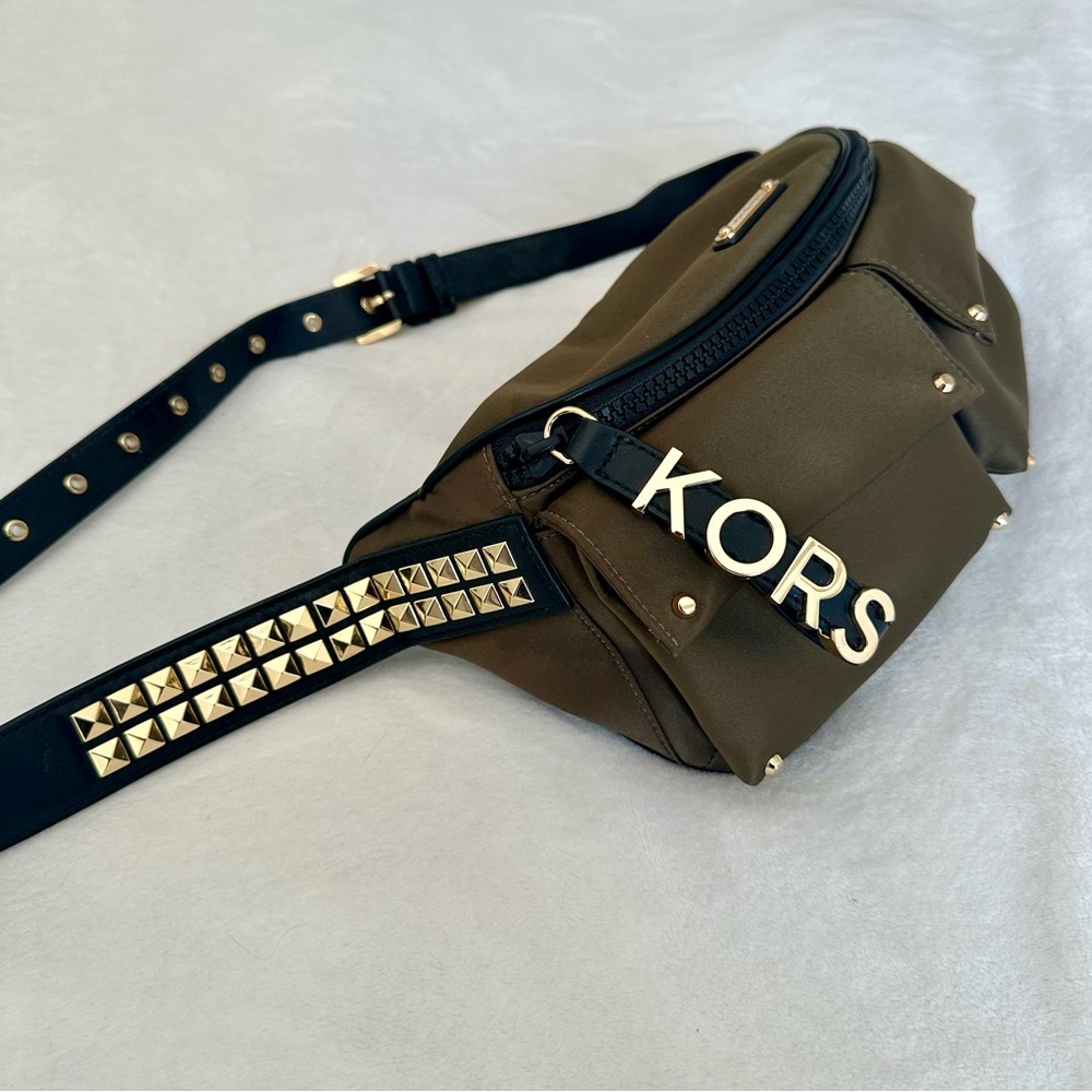 Michael Kors Olivia Large Studded Satin Belt Bag Crossbody in Olive Green - Picture 8 of 14